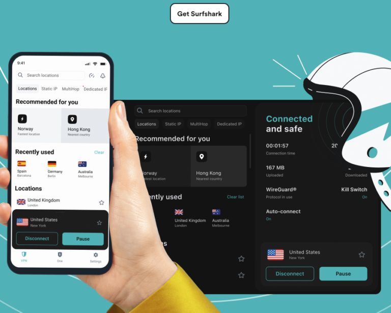 A picture of a hand holding a cell phone with the image of surfshark VPN and the desktop application of surfshark in the background